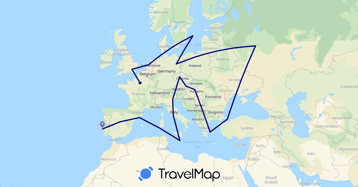TravelMap itinerary: driving in Austria, Czech Republic, Germany, Denmark, Spain, France, United Kingdom, Greece, Hungary, Italy, Malta, Netherlands, Portugal, Russia, Sweden, Turkey (Asia, Europe)